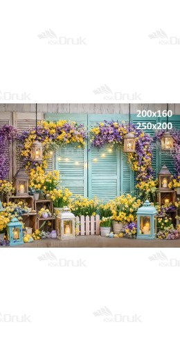 Tło fotograficzne „Wiosenne okiennice z lampionami i kwiatami” | E828